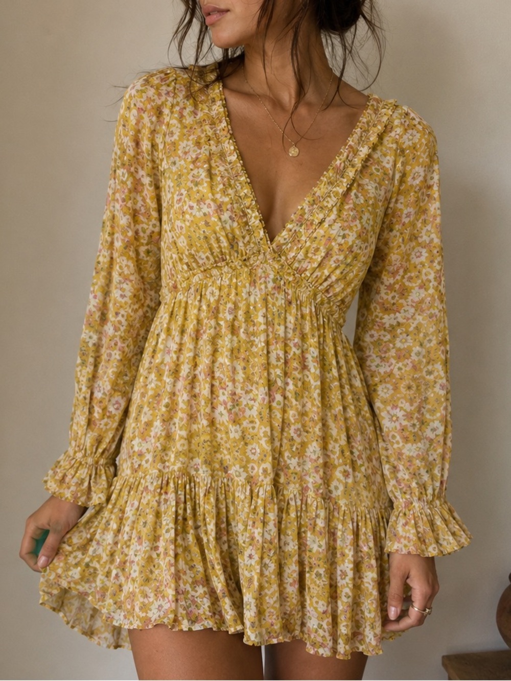 Anthropologie Not So Serious Marigold Mini Dress‎ Small Ruffle Chiffon Boho